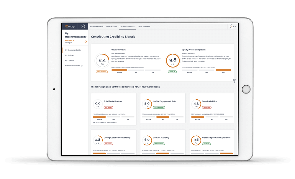 An image of UpCity Credibility Signals on an iPad