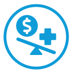 Visual of a money and cross sign resting on each end of a scale